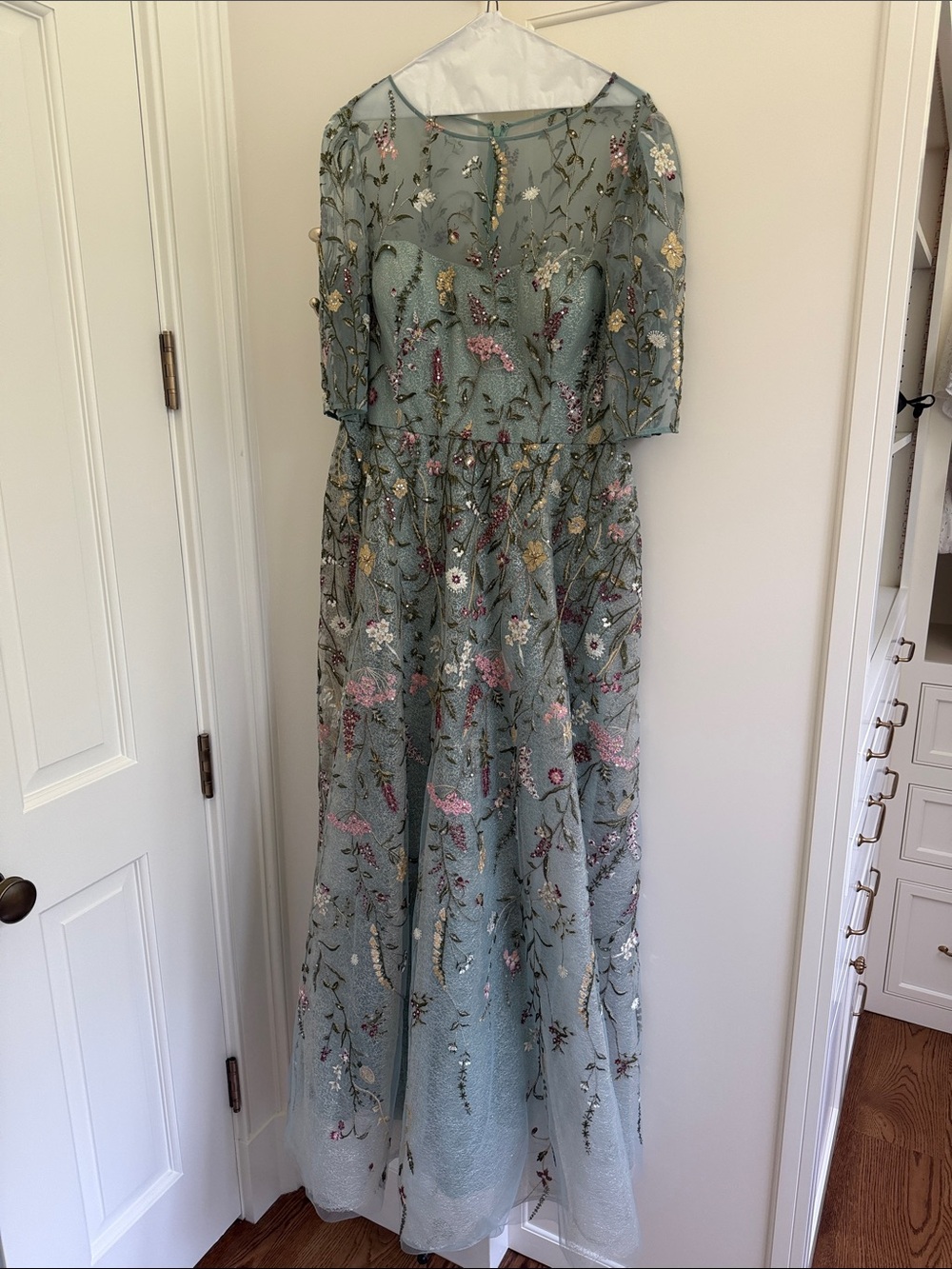 Rickie Freeman for Teri Jon Pale Blue Mesh Gown with Floral Embroidery